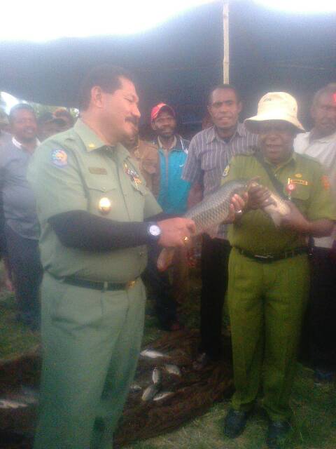 Wakil Bupati, Jhon Banua Saat Menyaksikan Hasil Panen Ikan di Kampung Anegera Wamena (foto: Anton Hubby)