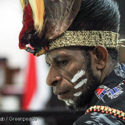 Hendrikus 'Franky' Woro dari suku Awyu duduk di dalam Pengadilan Tata Usaha Negara (PTUN) Jayapura sebelum persidangan di Jayapura, Papua. Suku Awyu bersaksi di pengadilan melawan perusahaan kelapa sawit PT Indo Asiana Lestari (PT IAL). Mereka adalah pemilik wilayah adat, namun tidak mendapat informasi mengenai aktivitas perusahaan. Mereka juga tidak dilibatkan dalam penyusunan analisis dampak lingkungan Greenpeace melaporkan sekitar 168.471 hektar hutan primer di Papua dikonversi menjadi perkebunan kelapa sawit antara tahun 2010 dan 2019, dan perkebunan diperkirakan akan meningkat.